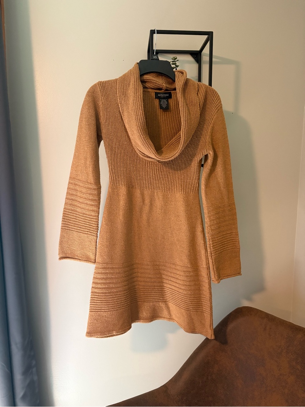 Alyn Paige Camel Cowl Neck Knit Dress Sweater
